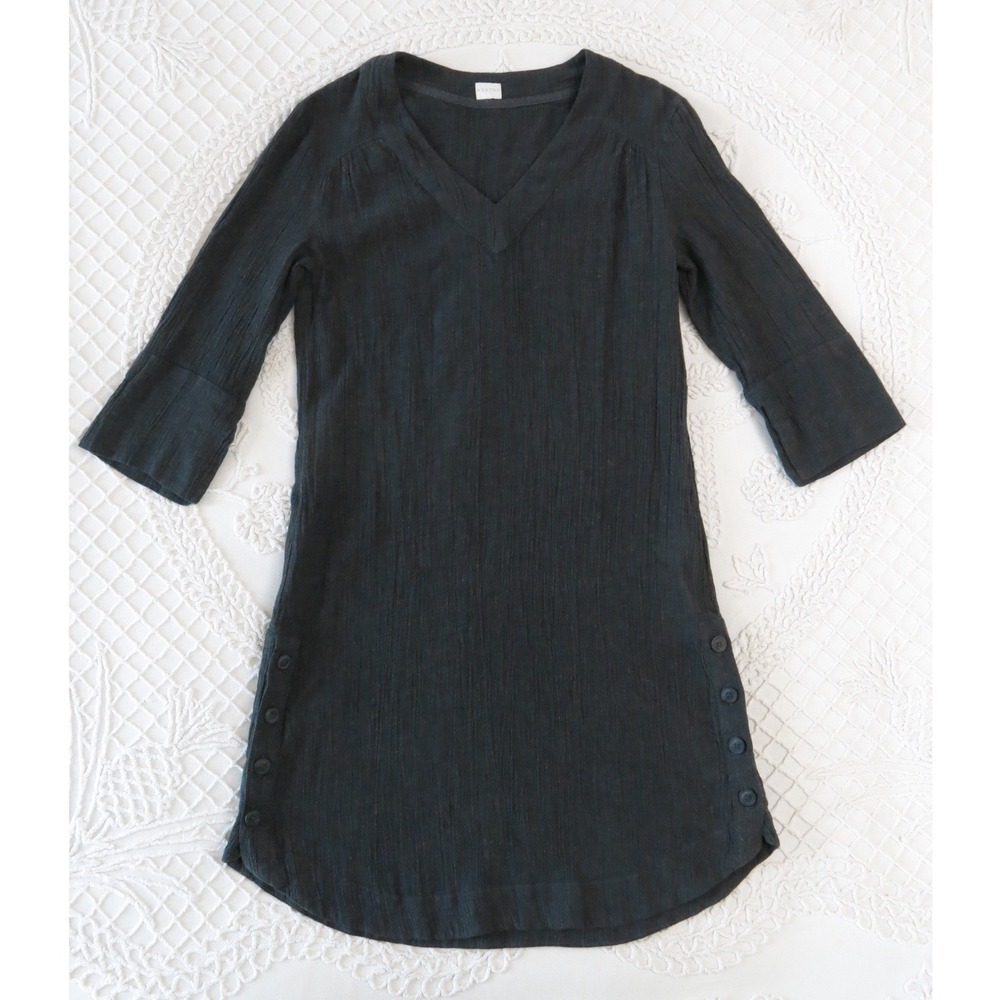 Poetry Linen Cotton Crinkle Tunic Dress Charcoal Grey V-Neck US 6 UK 10